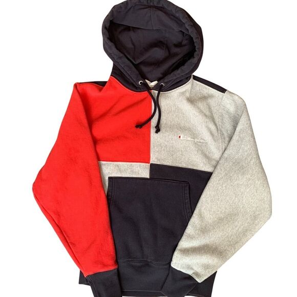 Champion Reverse Weave Colorblock Hoodie Men’s Size S Red Gray Navy Sweatshirt - Picture 1 of 9